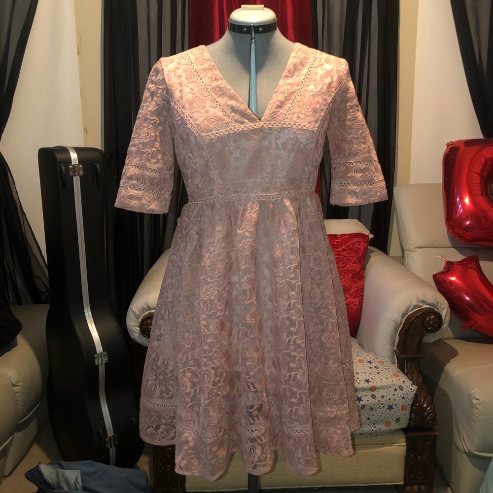 Light rose gold pink picnic dress lace embroidered